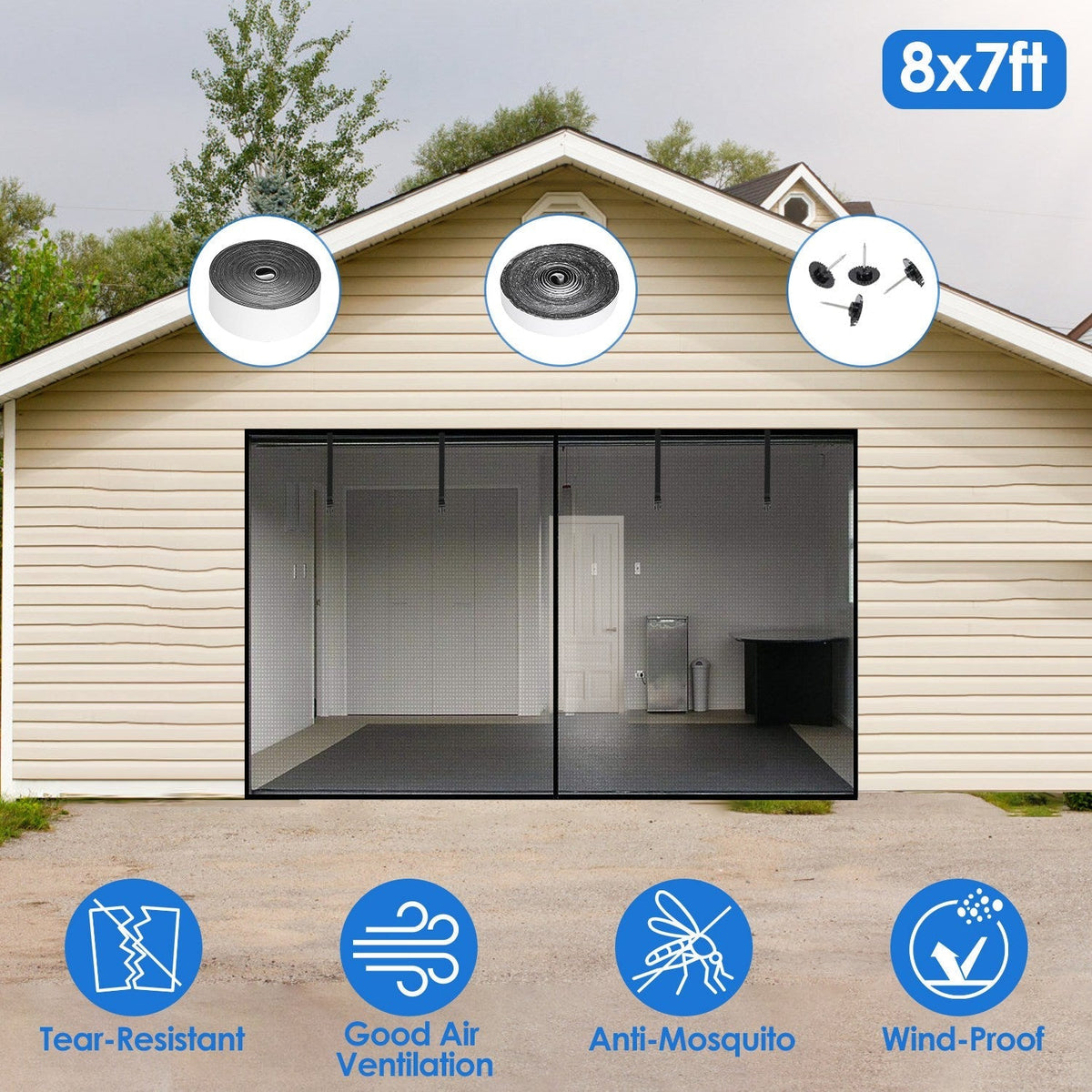 8x7FT Magnetic Garage Door Screen Single-Car Garage Screen Mesh Fiberglass Garage Net with Magnetic Closure 4 Buckle Straps for One Cars