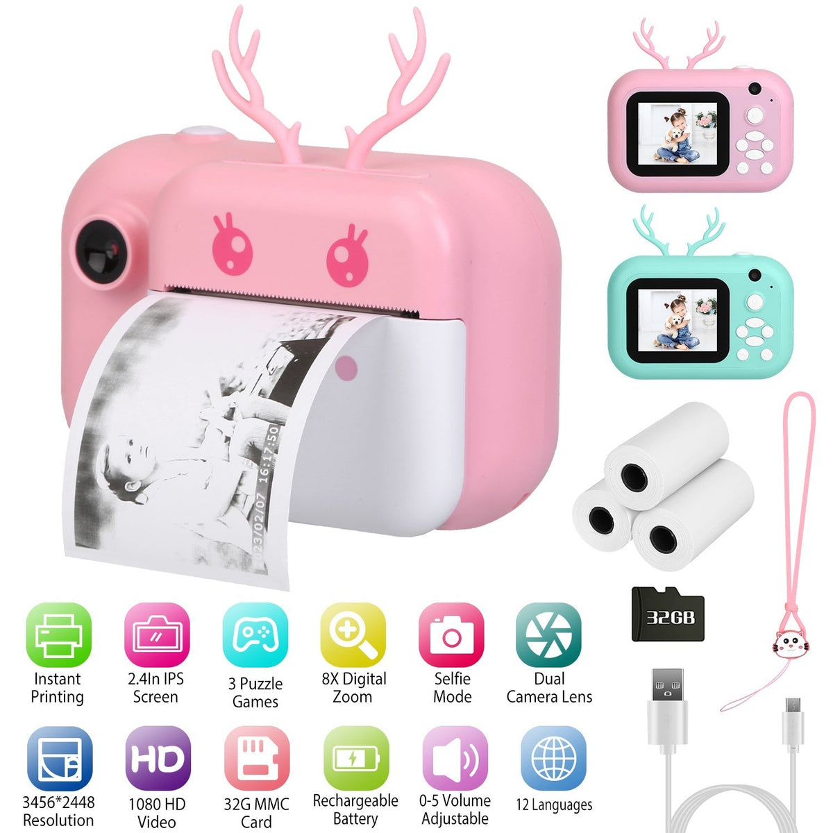 Kids Instant Print Camera 2.4in Digital Zero Ink Selfie Camera 1080P HD Video Recorder Toddler Camera with Dual Lens 3 Roll Print Papers Cute Stickers