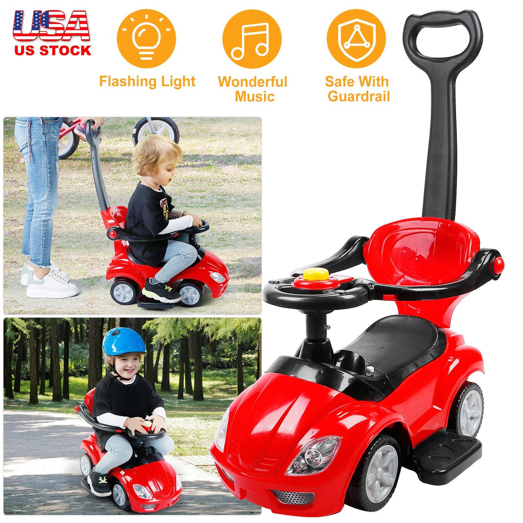 Ride on Push Car 4-Wheel Children Sliding Push Car W/ Colorful Flashing Light Music Handrail Guardrail Push Rod