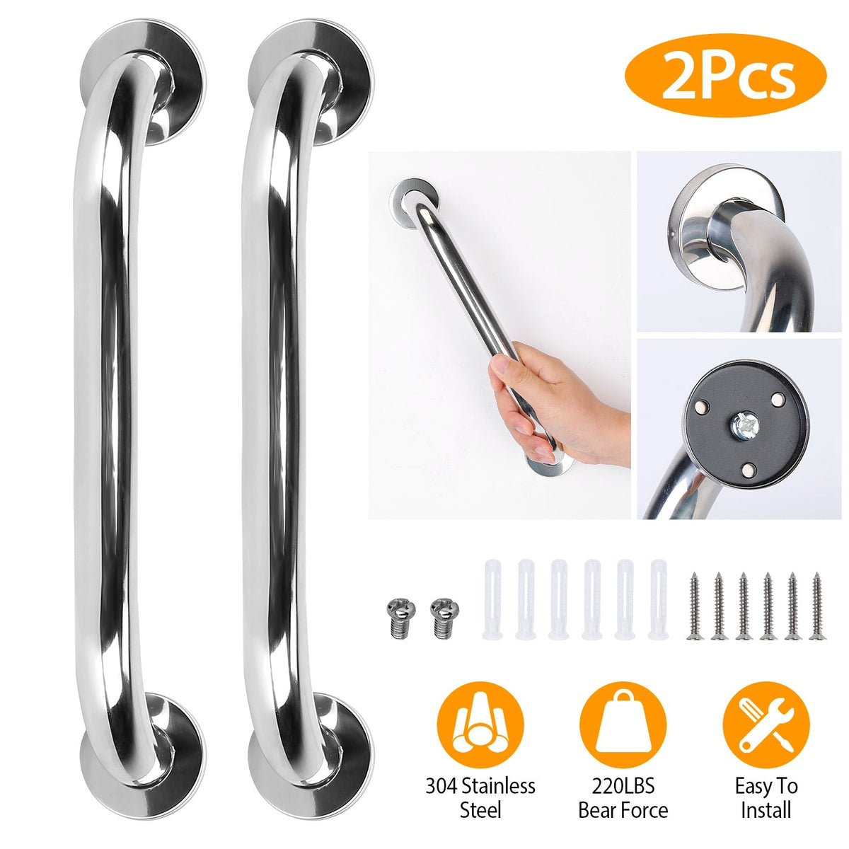 2Pcs Bath Grab Bar 11.8in Sturdy Stainless Steel Shower Safety Handle For Bathtub Toilet Stairway Anti-slip Handrail Balance Bar 220LBS Pull Force