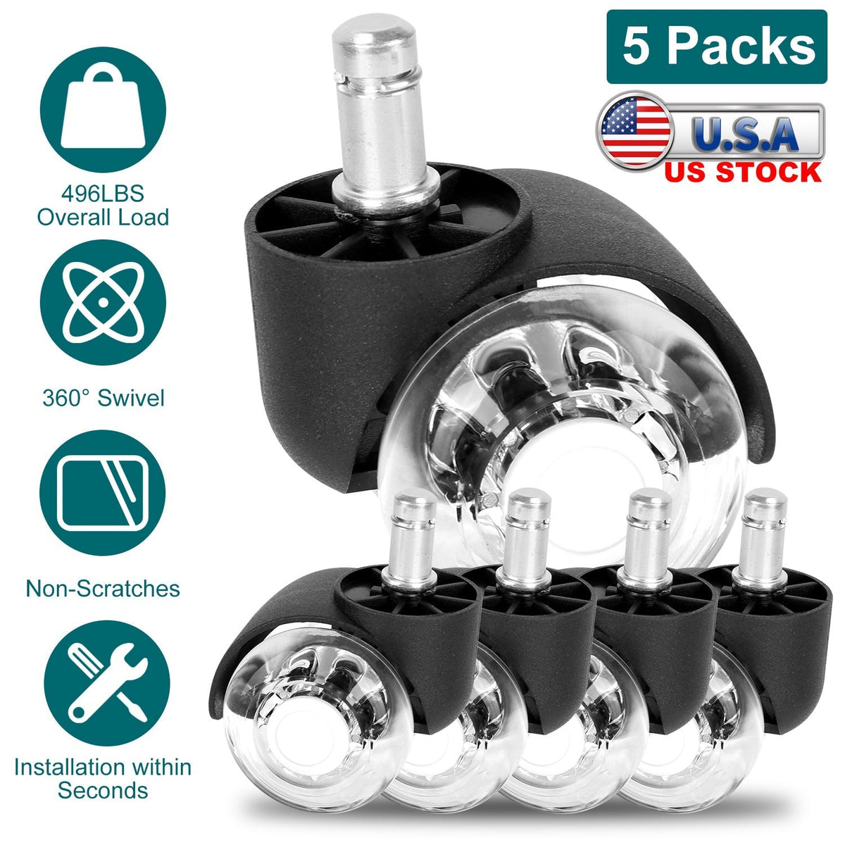 5Pcs Office Chair Wheels Polyurethane Rolling Caster Replacement for Hardwood Floor Carpet Universal Fit 496LBS Max Load