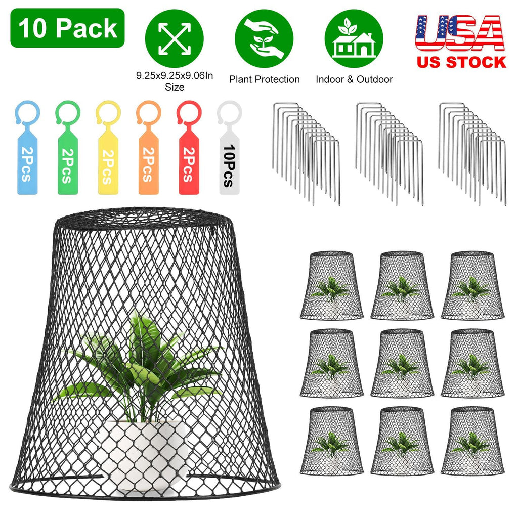10Pack 9.25x9.25in Chicken Wire Cloches Plant Covers Metal Garden Cages Heavy Duty Plant Protectors with 30 Stakes 20 Labels Keep Bunnies Chicken Squi