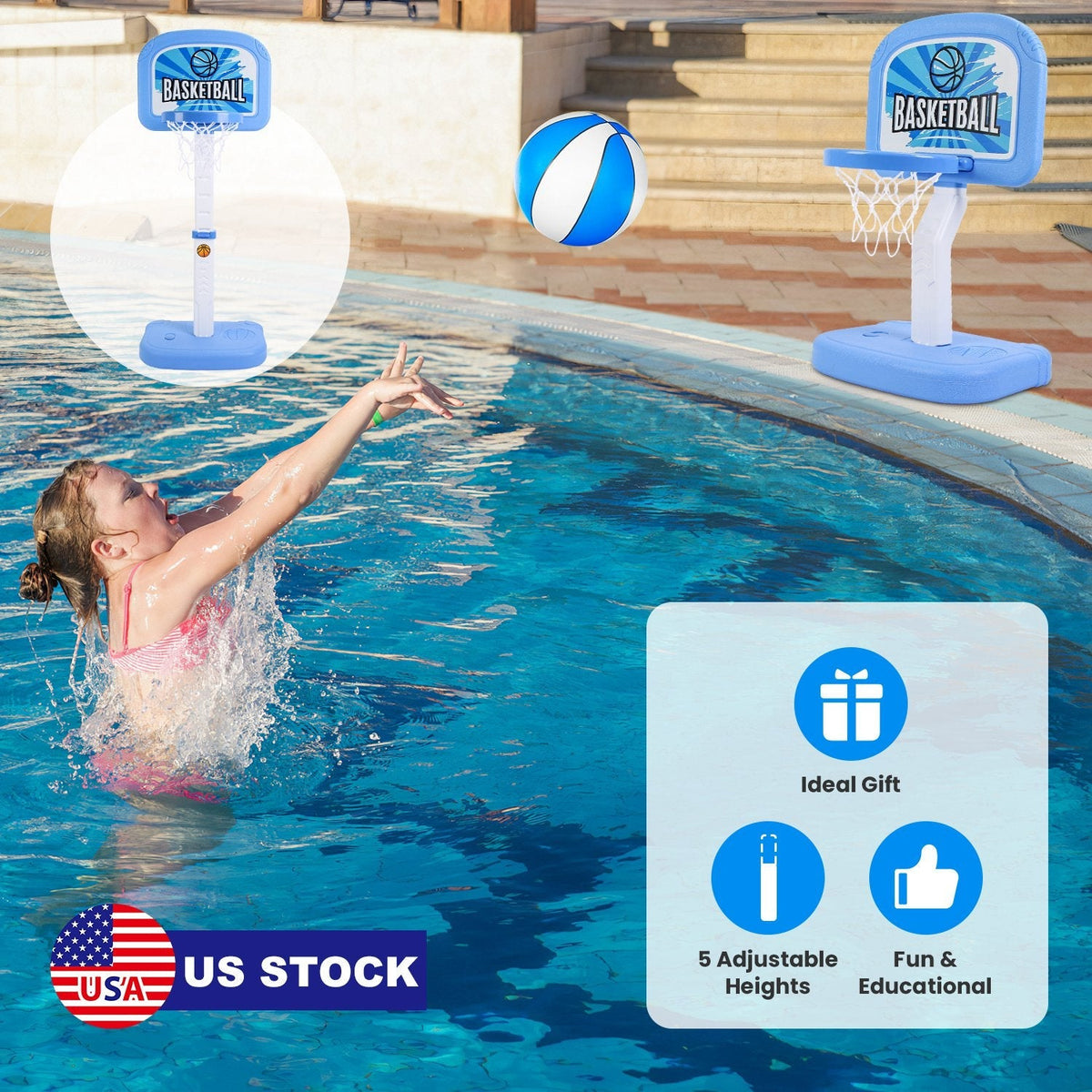 2 In 1 Poolside Basketball Game Set Pool Basketball Goal Indoor Outdoor Kids Basketball Court Water Basketball Toy with 2 Balls Gift for Boys Girls Ag
