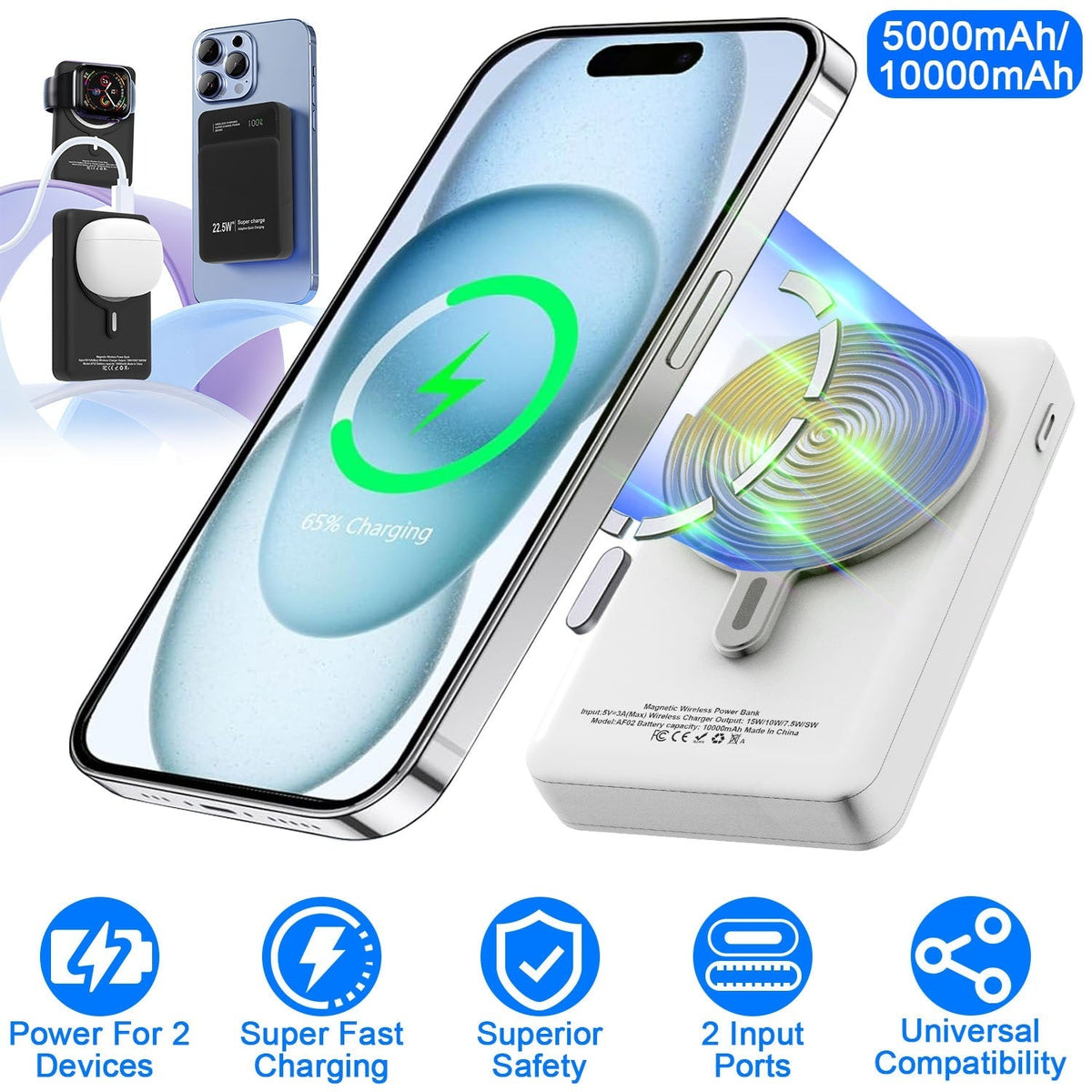 5000mAh Magsafe 3 In 1 Portable Charger PD22.5W Magnetic Fast Charger Fast Charging Power Bank Fit For IOS Phone 15/14 Samsung Galaxy S24 And More