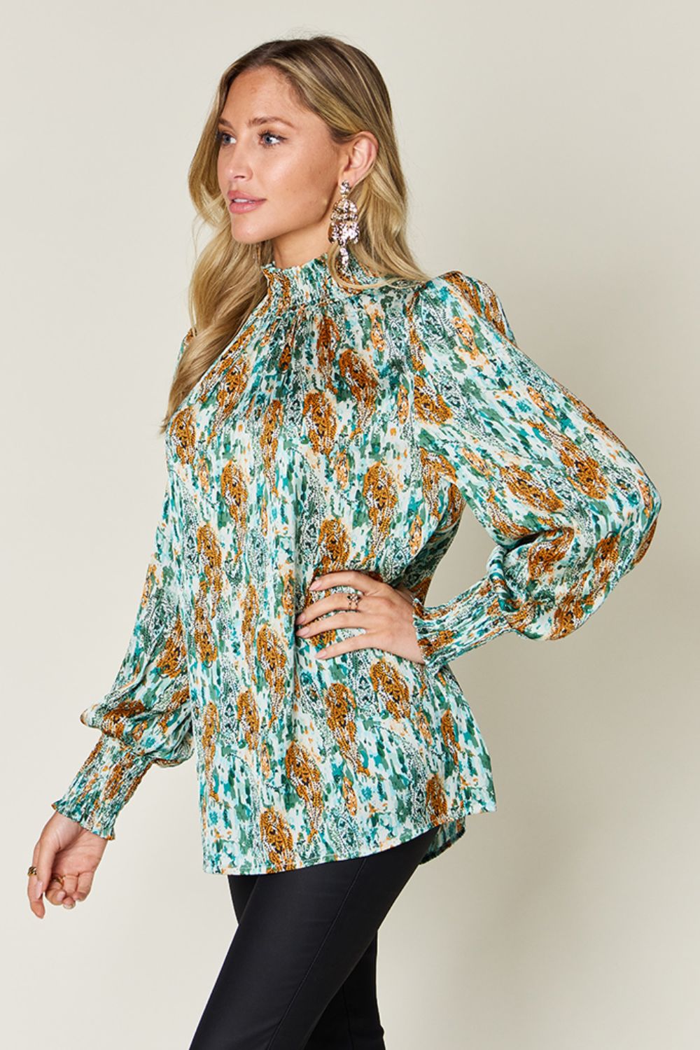 Semi-Sheer Smocked Top with Long Sleeves & Frills