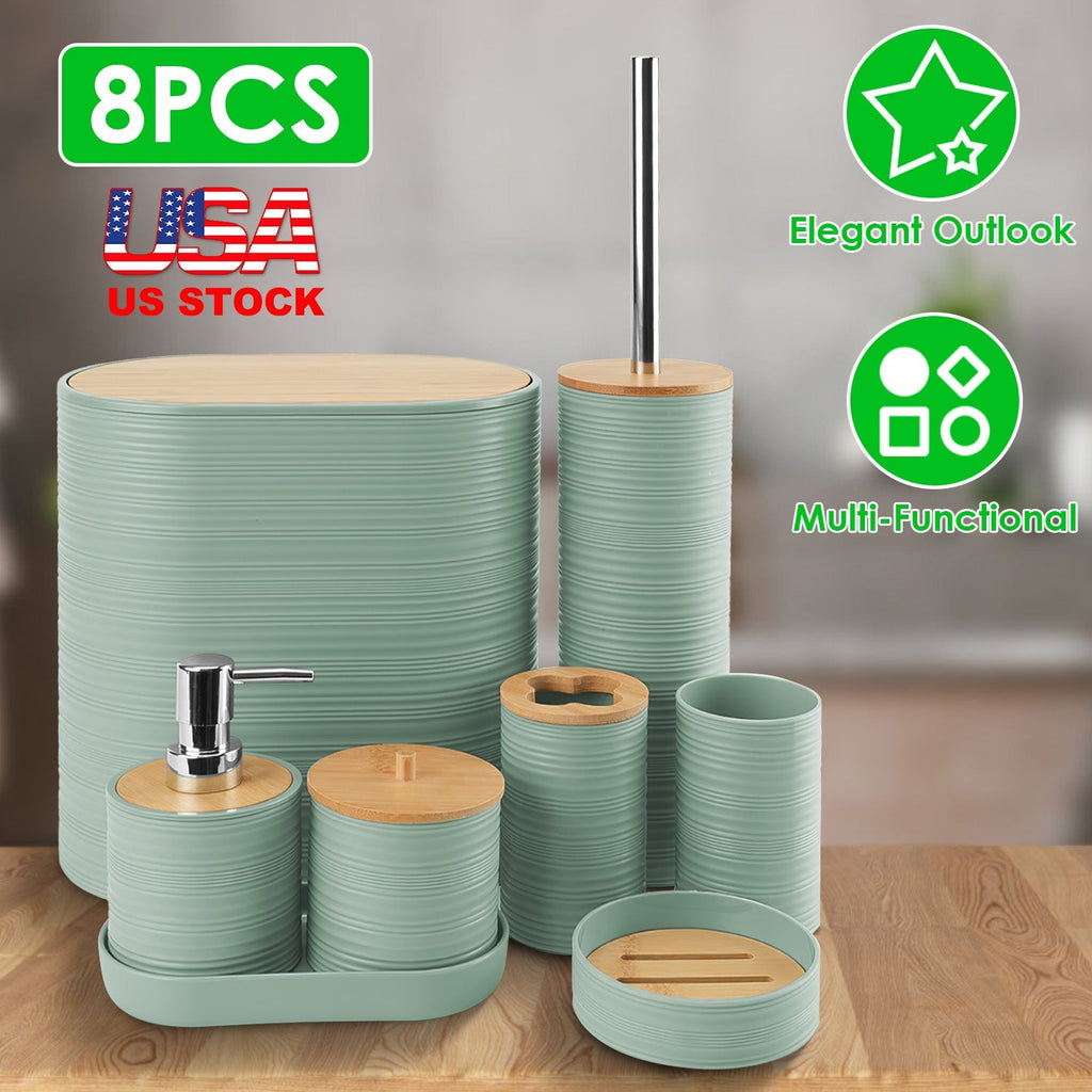 8Pcs Bathroom Accessories Set Bathroom Holder Set with Soap Dispenser Toothbrush Holder Cup Soap Dish Toilet Cleaning Brush Trash Can Qtip Holder Vani