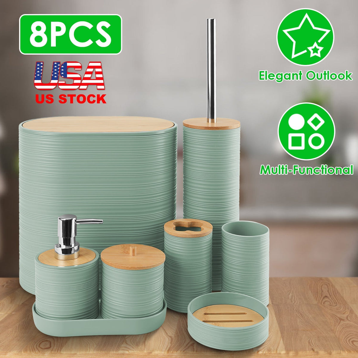 8Pcs Bathroom Accessories Set Bathroom Holder Set with Soap Dispenser Toothbrush Holder Cup Soap Dish Toilet Cleaning Brush Trash Can Qtip Holder Vani
