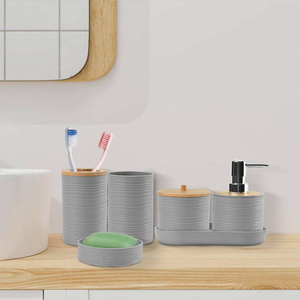 8Pcs Bathroom Accessories Set Bathroom Holder Set with Soap Dispenser Toothbrush Holder Cup Soap Dish Toilet Cleaning Brush Trash Can Qtip Holder Vani