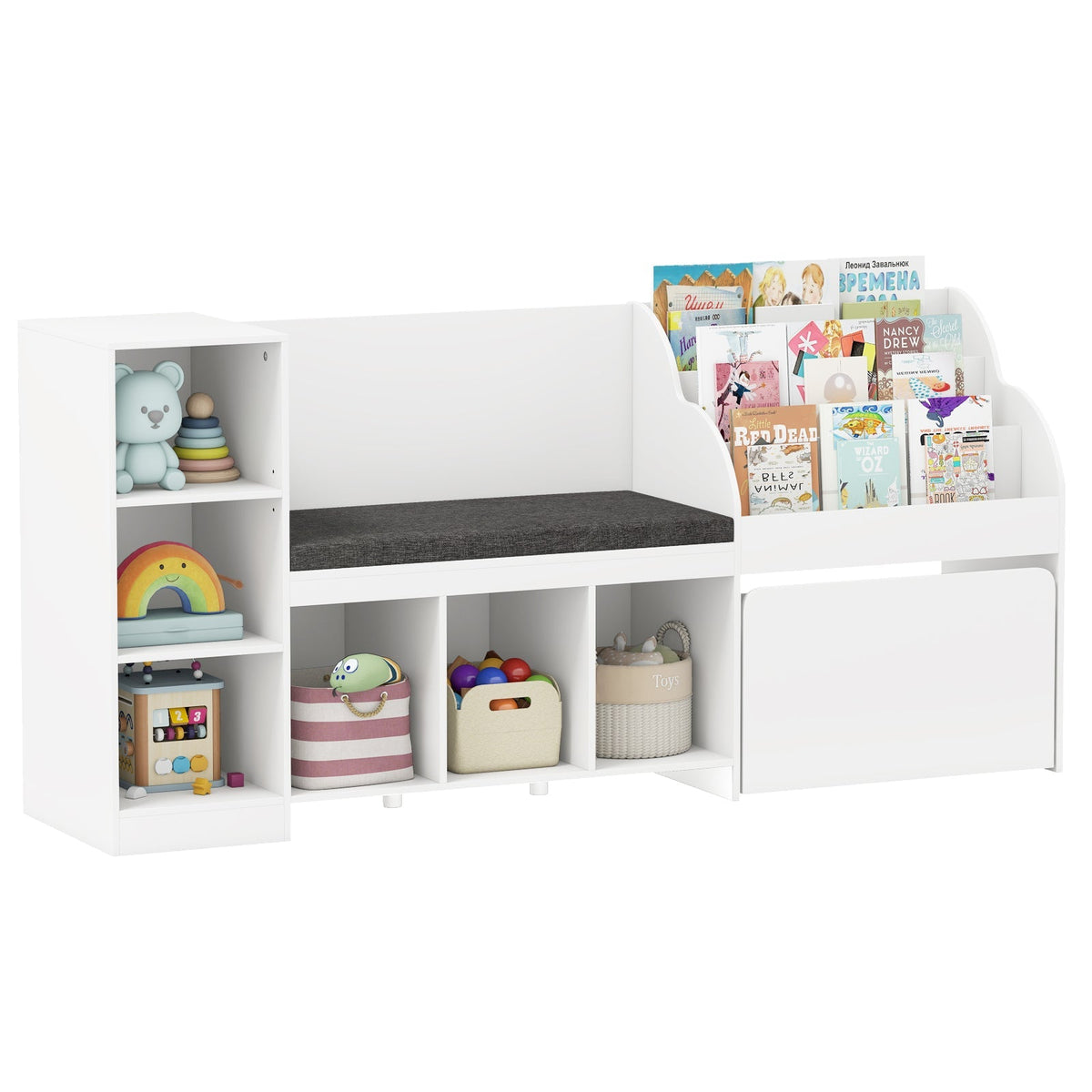 Kids Bookcase with Reading Nook 4-in-1 Standing Toy Organizer-White