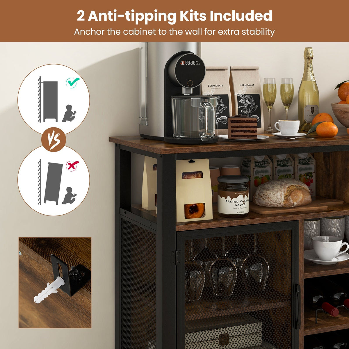 55-Inch Buffet Sideboard with 8-Bottle Wine Racks and Wine Glass Holders