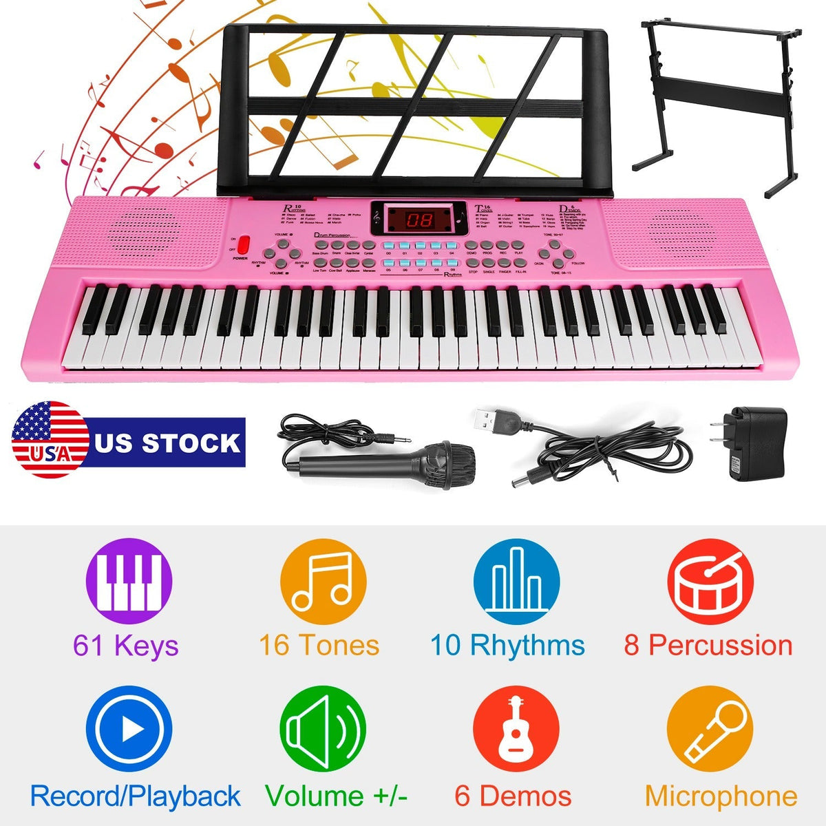 61 Keys Digital Music Electronic Keyboard Electric Musical Piano Instrument Kids Learning Keyboard w/ Stand Microphone For Beginners