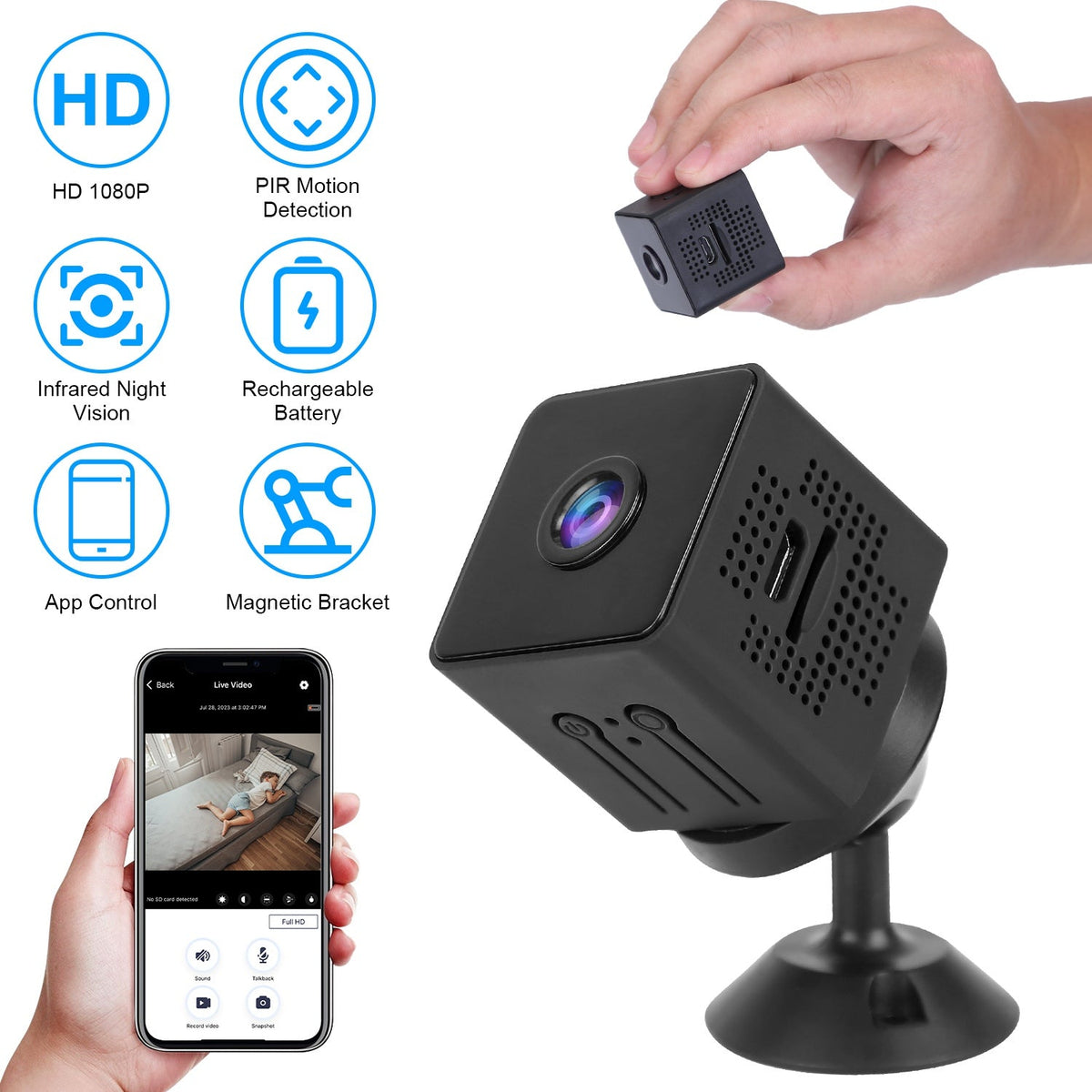 1080P 2.4G WiFi Mini Security Camera for Pet Baby Monitor Compact Wireless Camera with PIR Motion Detection Night Vision App Control 32G MMC Card Stor