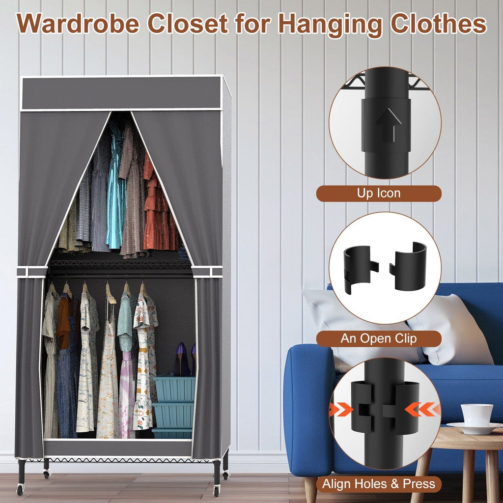 2 Tier Clothing Rack With Cover Portable Wardrobe Closet Covered Garment Rack with 4 Wheels 2 Hanging Rods 2 Hook Racks 35.43x17.13x72.44in