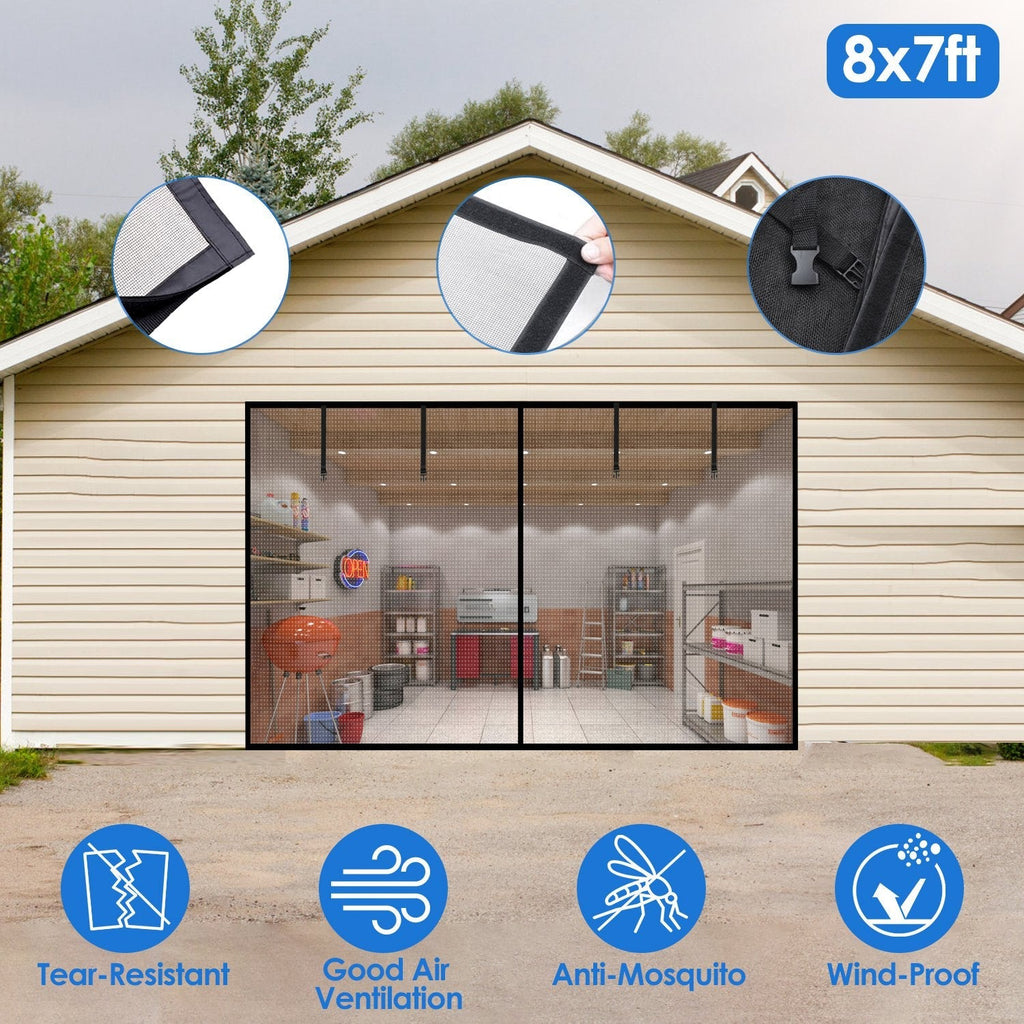 8x7FT Magnetic Garage Door Screen Single-Car Garage Screen Mesh Fiberglass Garage Net with Magnetic Closure 4 Buckle Straps for One Cars