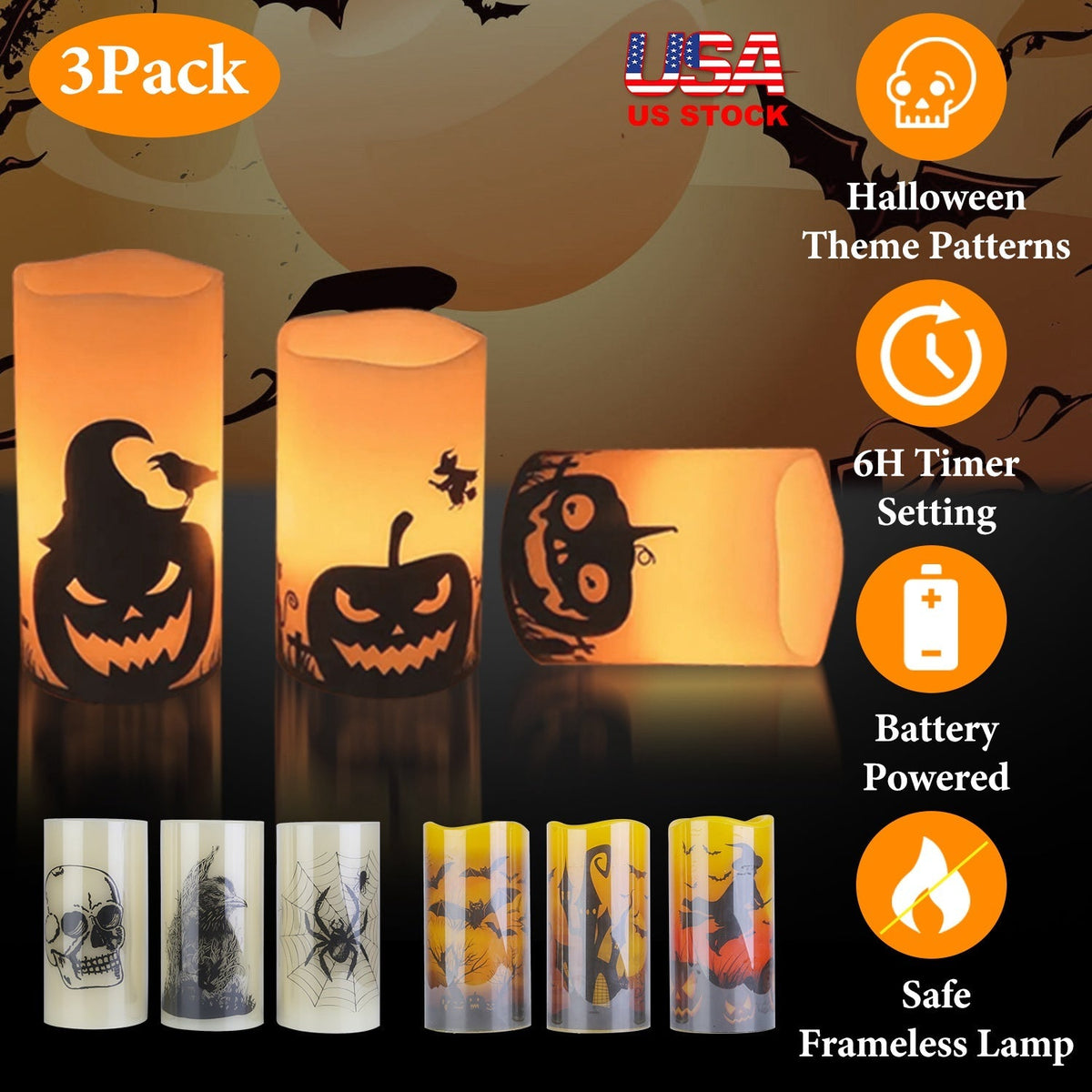 3 Pack Halloween Flameless Candle Lamp with Timer Setting Battery Powered Warm Orange Light Candles for Halloween Party Decoration Pumpkin Crow Bat