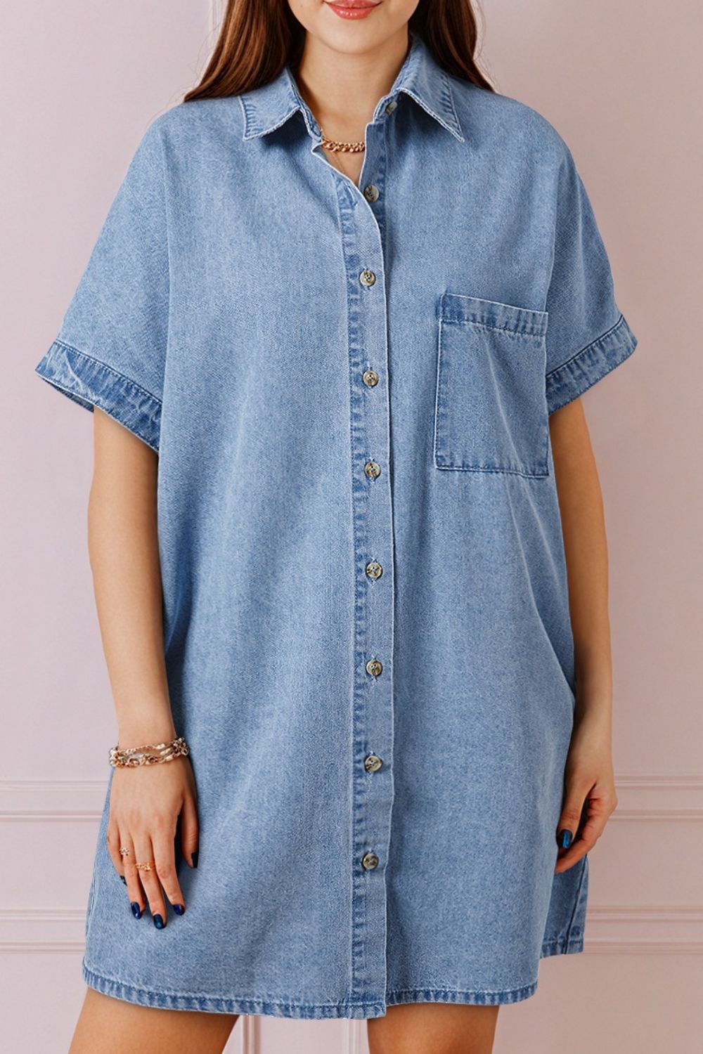 Button Down Short Sleeve Denim Dress