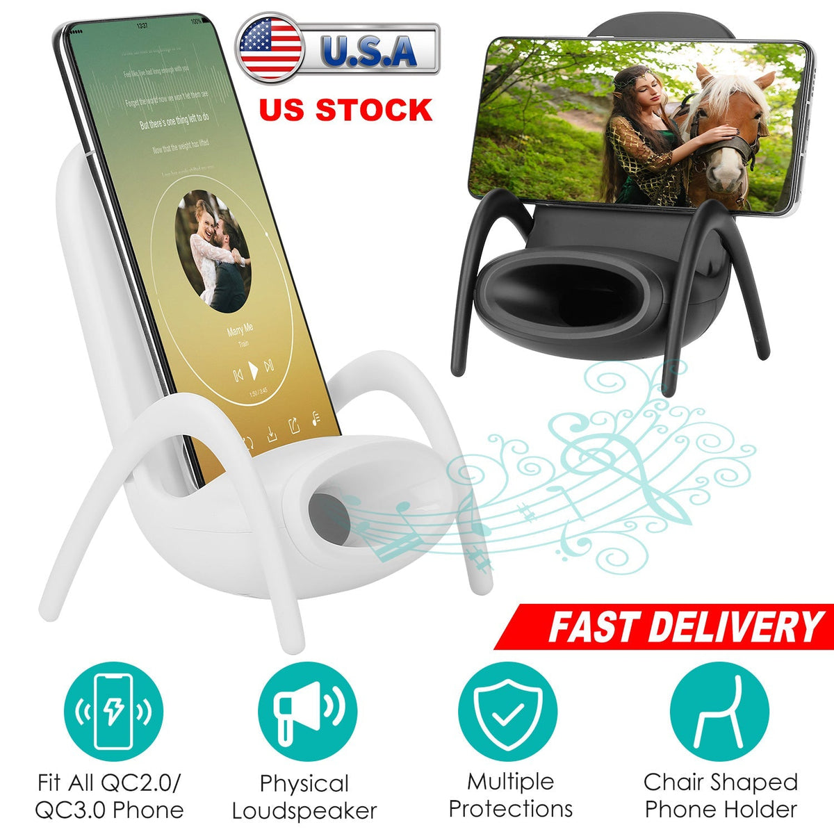 Wireless Charger Portable Mini Chair Phone Holder Stand Bracket with Physical Speaker Fit For All Phone with QC2.0 QC3.0 Standard