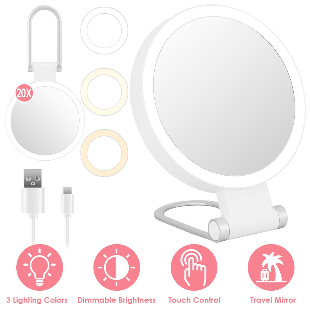 20X/1X Double-Sided Magnifying Makeup Mirror With Light Rechargeable Travel Makeup Mirror With 3 Colors Dimmable Brightness Adjustable Stand Vanity Ta
