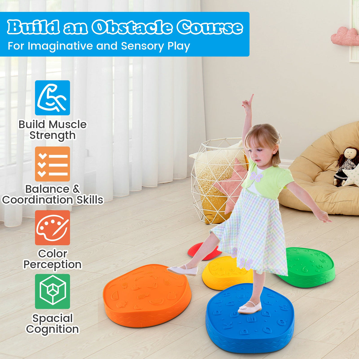 5 Pieces Kids Stepping Stones Stackable Round River Stone Indoor Outdoor-Multicolor