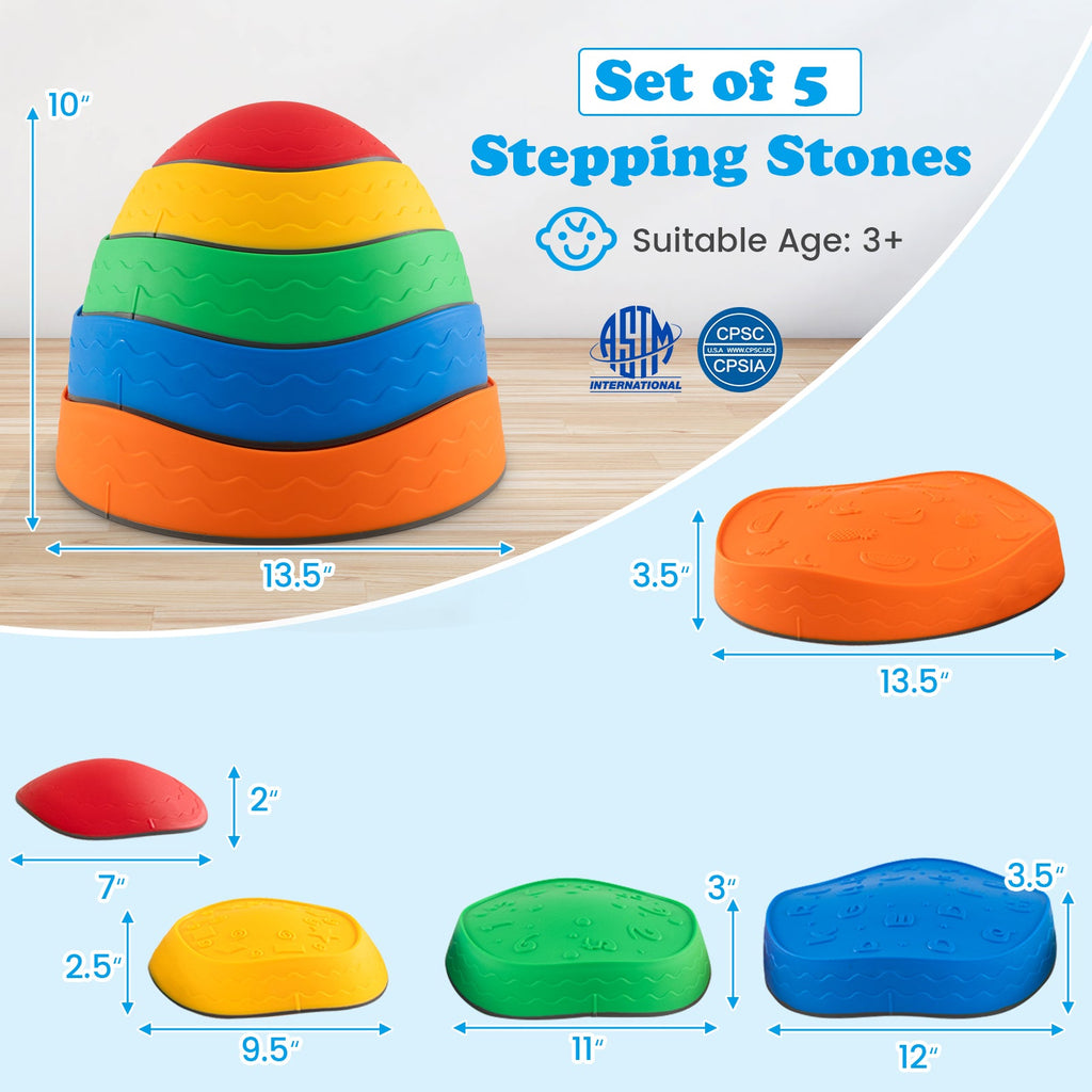 5 Pieces Kids Stepping Stones Stackable Round River Stone Indoor Outdoor-Multicolor