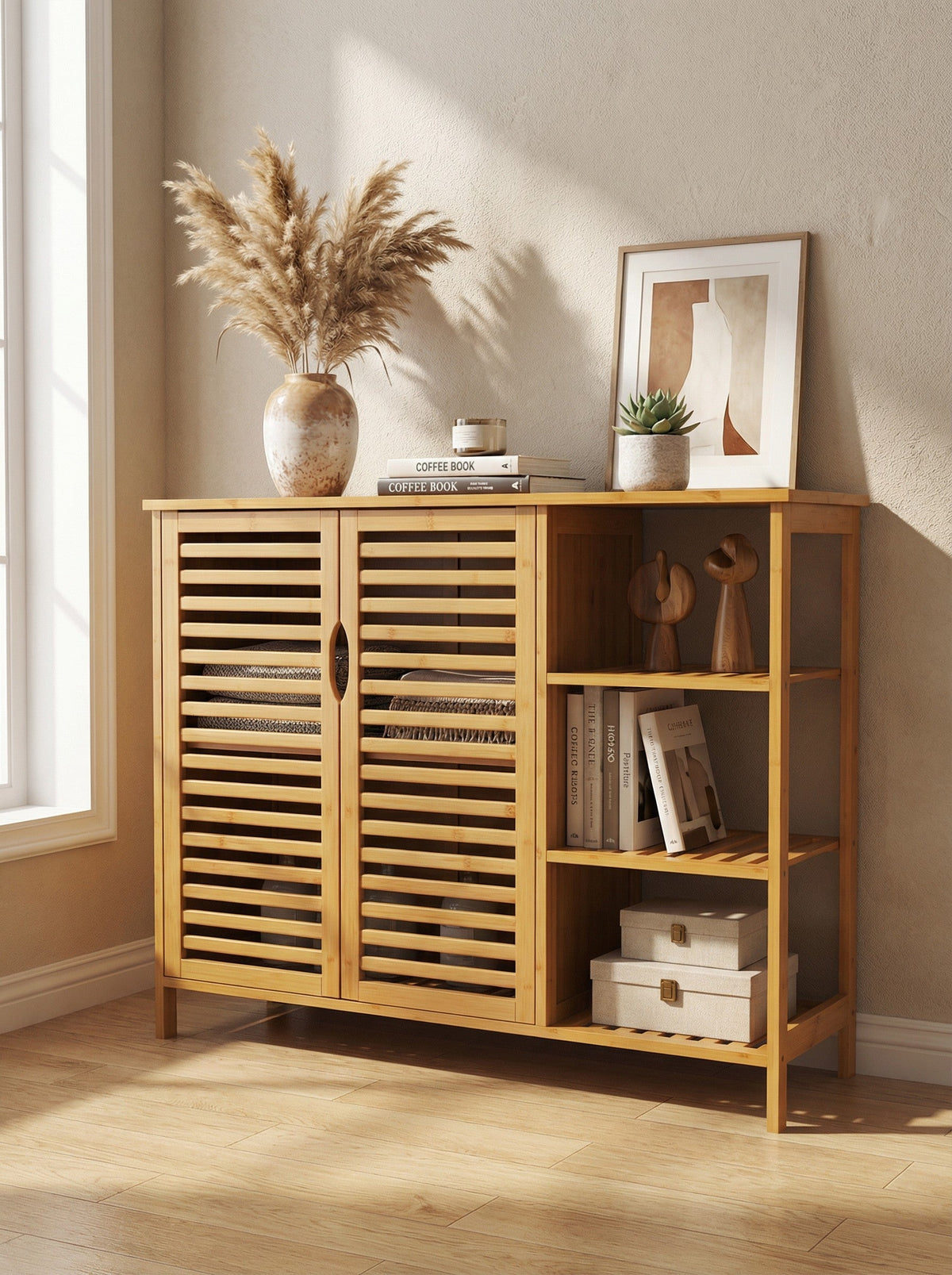 Bamboo 4 Tier Floor Cabinet with Doors, Freestanding Storage
