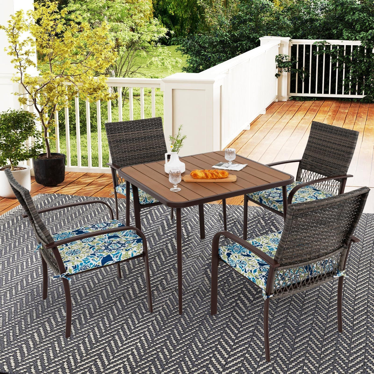 5 Pieces Patio Dining Set 4 Cushioned Rattan Armchairs and Square Table