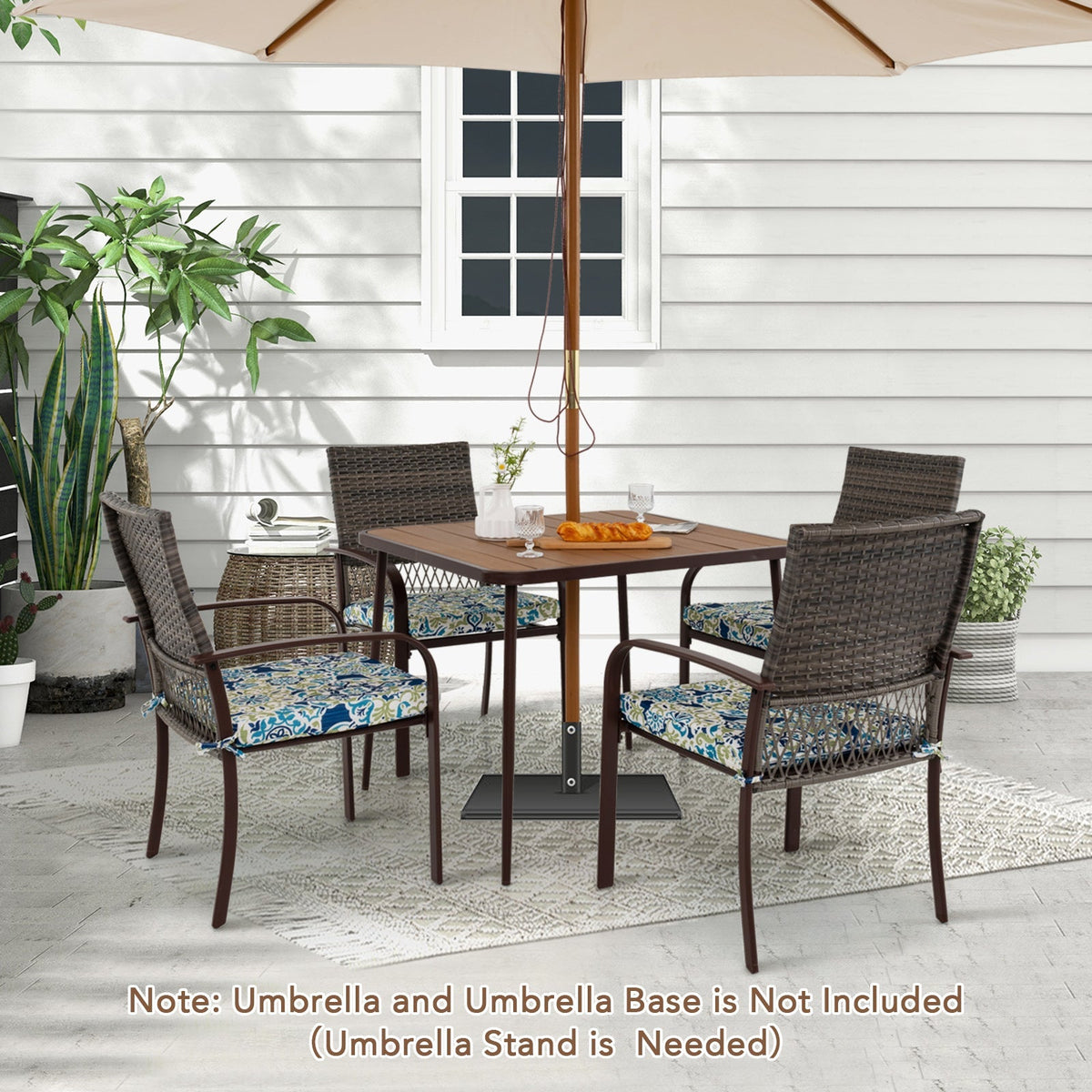 5 Pieces Patio Dining Set 4 Cushioned Rattan Armchairs and Square Table