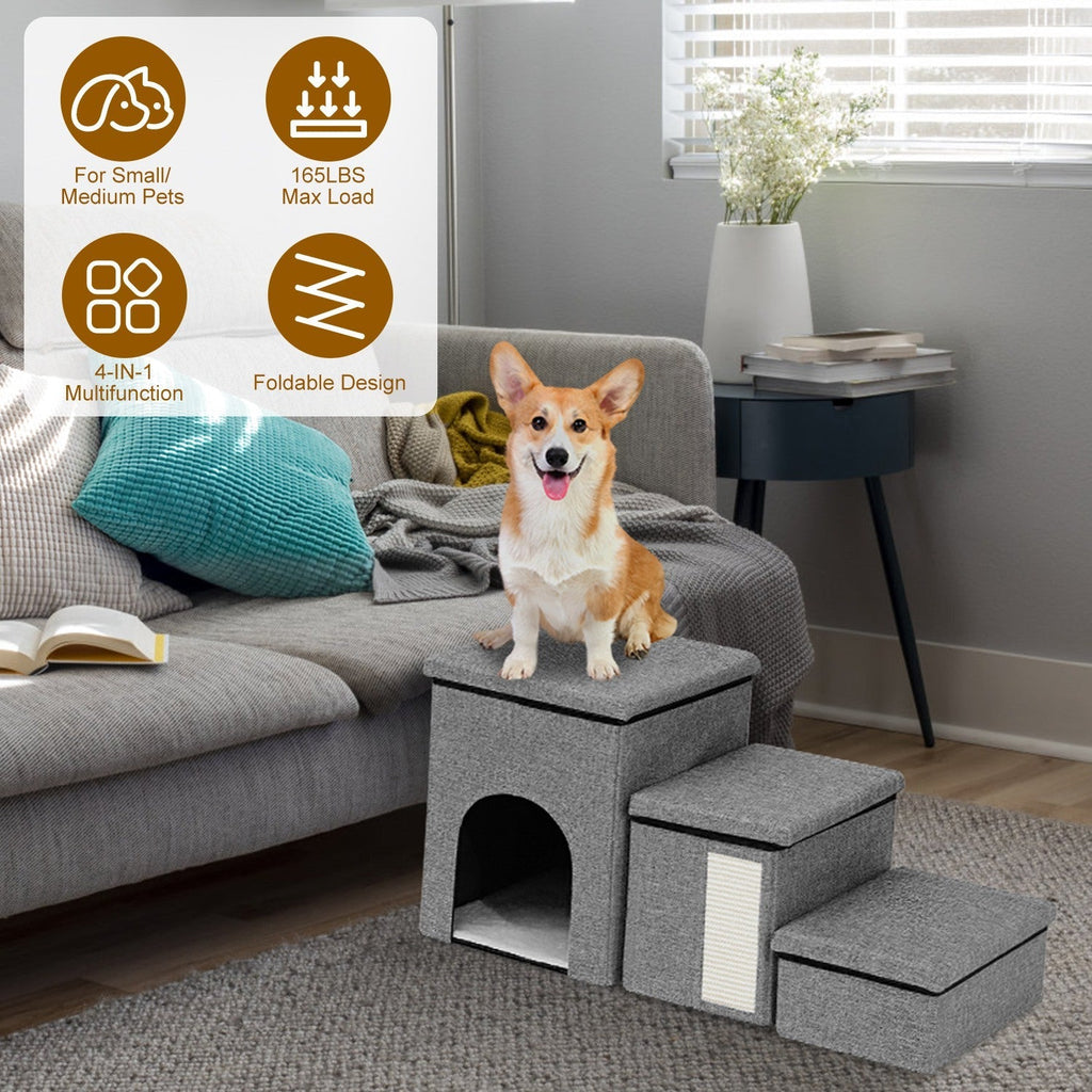4-in-1 Foldable Pet Stairs with Storage, Scratcher & Pet House