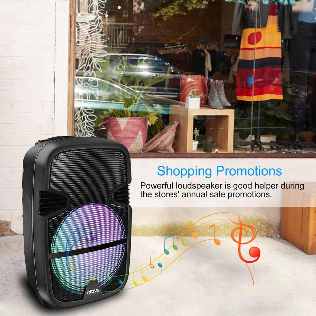 iNOVA Wireless Speaker Portable PA Karaoke System with Wired Microphone 15" Subwoofer Sound System w/ DJ Lights Remote Control