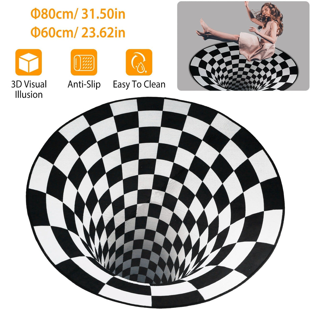 3D Visual Floor Area Mat Anti-slip Illusion Rug Doormat Round Living Room Carpet Mat
