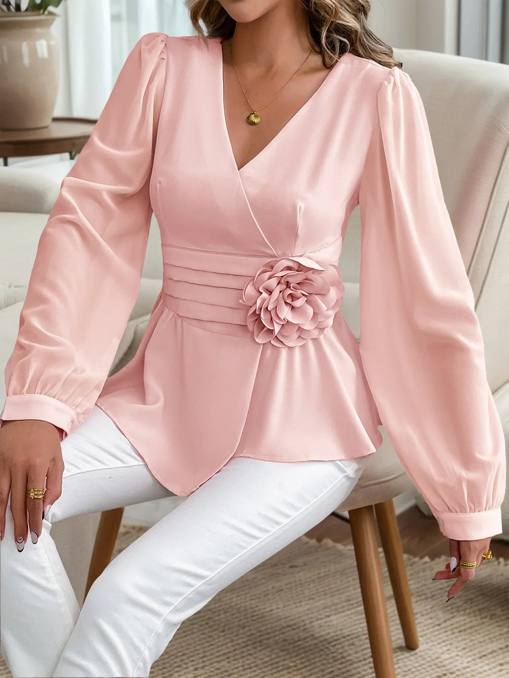 Flower Surplice Long Sleeve Blouse