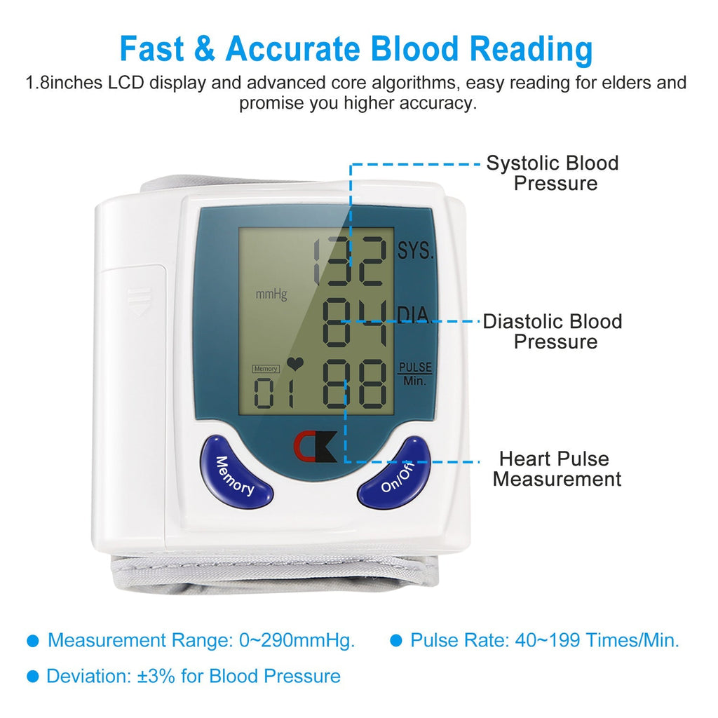 Blood Pressure Monitor Wrist Digital High Blood Pressure Cuff Heartbeat Tester w/ 60 Reading Memory 1.8 Inches LCD Screen Storage Box