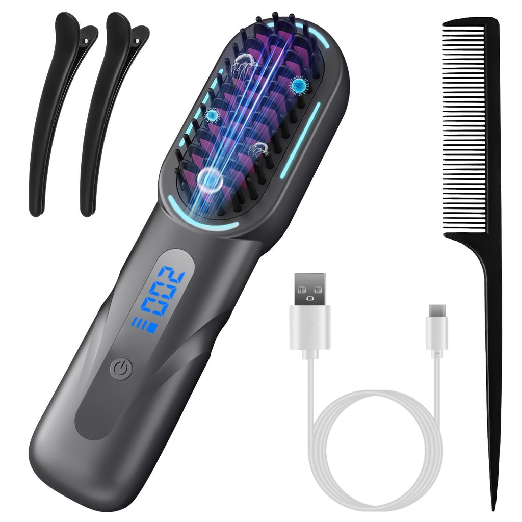 Cordless Hair Straightener Brush Rechargeable Mini Styling Comb with 4 Heating Levels Blue Light Sterilization Single press Stray Hair Removal 20Mins