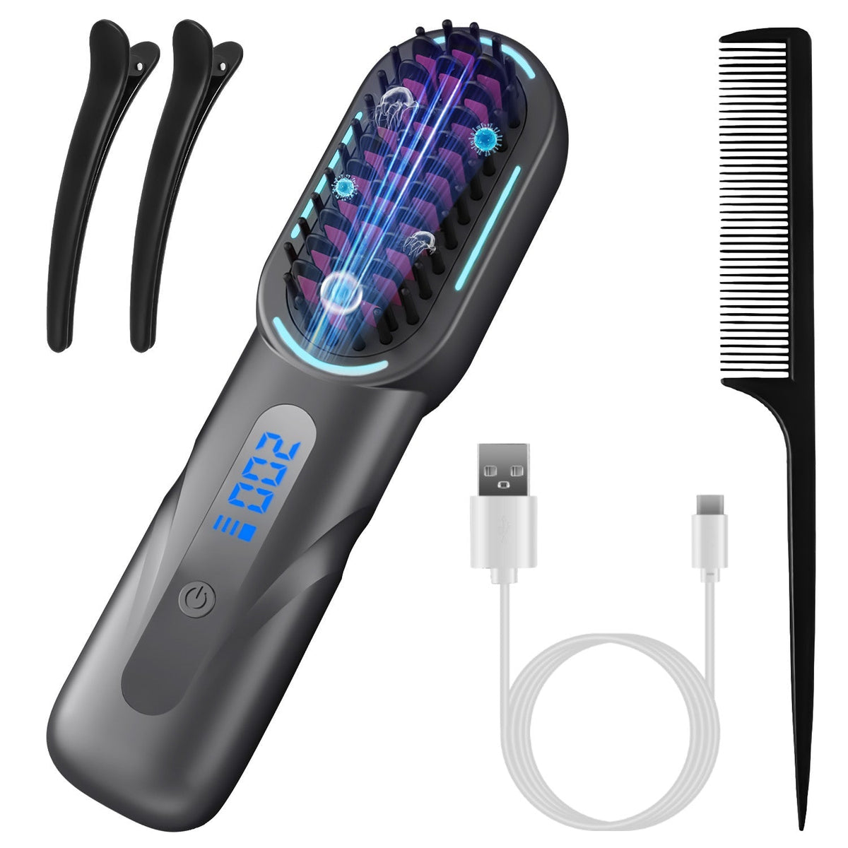 Cordless Hair Straightener Brush Rechargeable Mini Styling Comb with 4 Heating Levels Blue Light Sterilization Single press Stray Hair Removal 20Mins