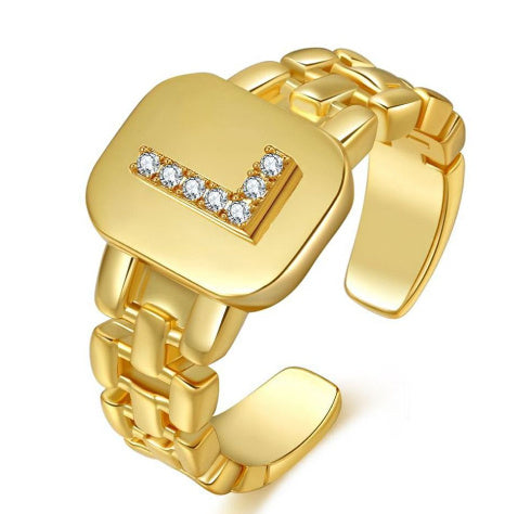 Letter Series Gold-plated Zircon Strap Design Ring