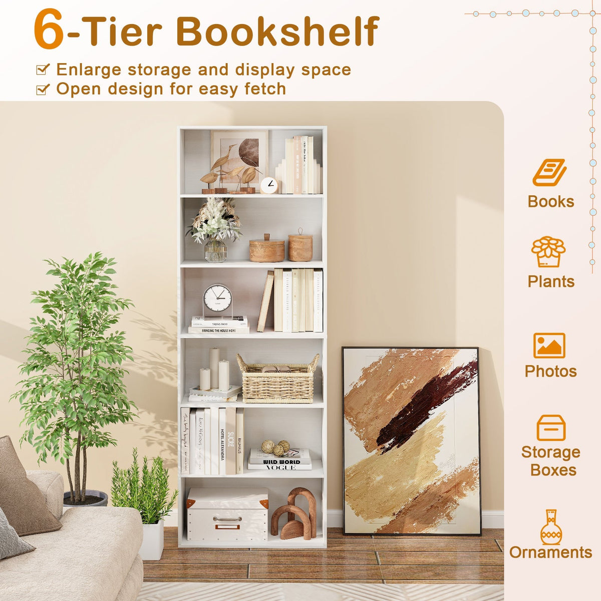 6-Tier Bookcase with 6 Open Shelves and Anti-Toppling Kits