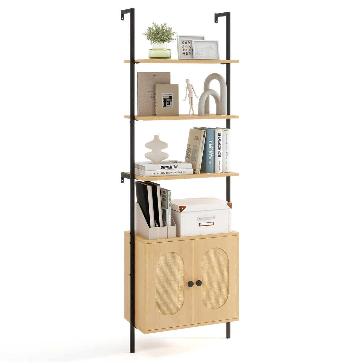 72.5 Inch 6-Tier Wall Mounted Ladder Bookshelf with Rattan Cabinet-Natural