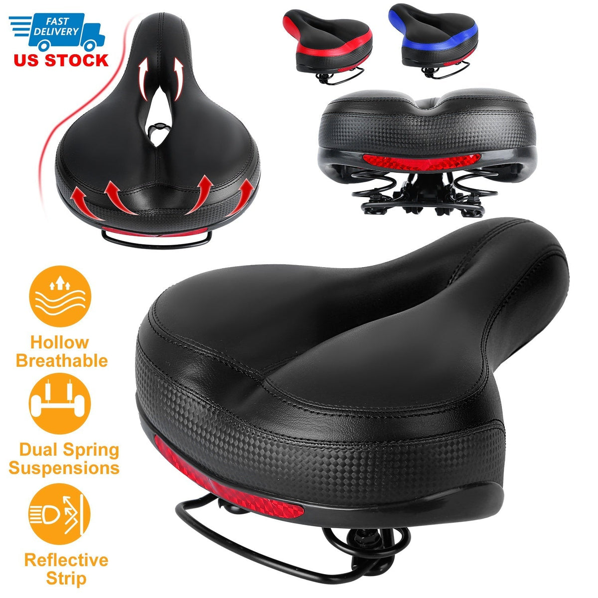Padded Bike Seat with Dual Springs & Reflective Strip