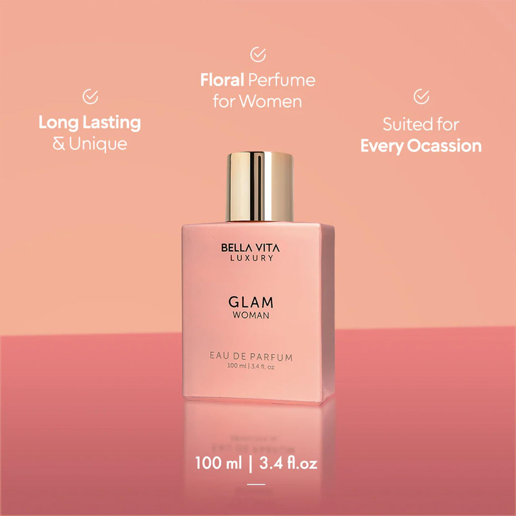 Bellavita Luxury Glam Eau de Parfum | 100 ml (3.4 fl.oz.) | Perfume for Women | White Floral, African Orange, Jasmine, and Patchouli Notes | Long Lasting Fragrance | Mother's Day present | for women