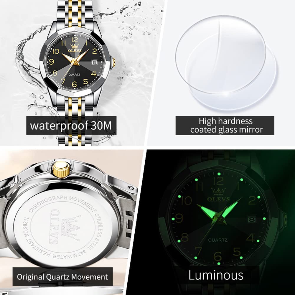 OLEVS Womens Watch Fashion Dress Diamond Female Watches for Ladies Analog Quartz Stainless Steel Waterproof Luminous Day Date Two Tone Wristwatch