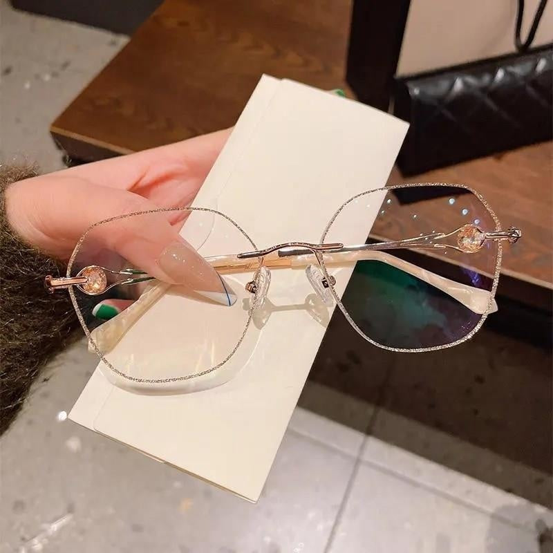 Champagne Gold Frameless Polygon Anti-blue Light Women's Reading Glasses