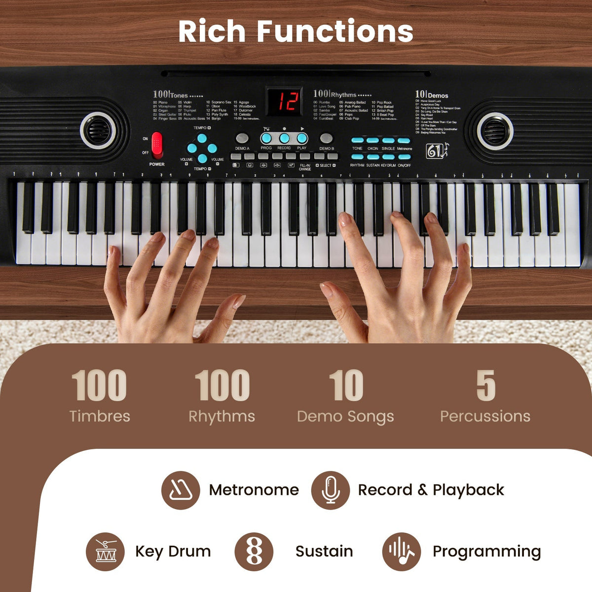 61 Key Electric Portable Digital Keyboard Piano for Beginner-Black