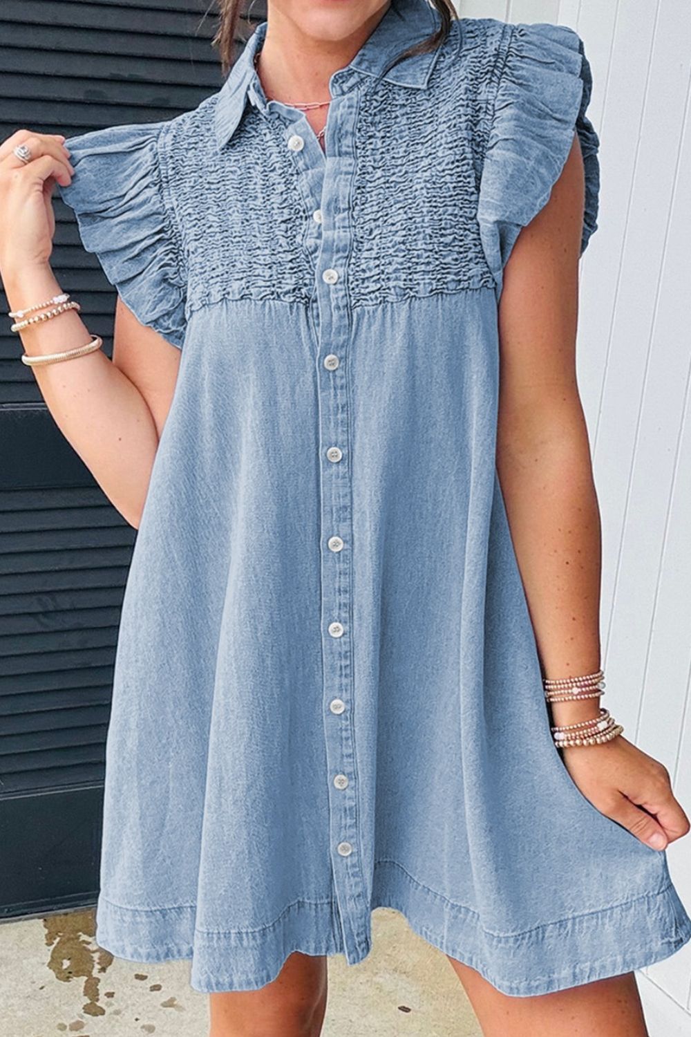 Smocked Collared Neck Cap Sleeve Denim Dress