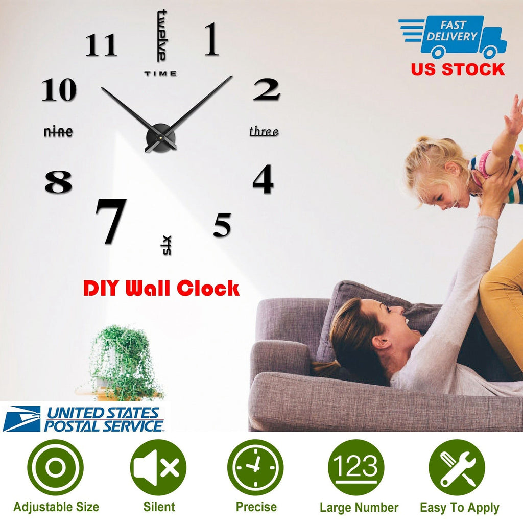 DIY Wall Clock 3D Mirror Surface Sticker Modern Art Wall Clock Home Office Decors Big Number Watch
