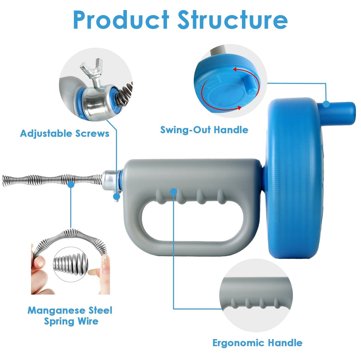 32.8FT Drain Snake Auger Plumbing Snake Hair Clog Remover For Sewer Sink Bathtub Shower Kitchen Bathroom Drain Clog Remover