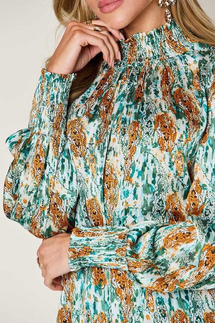 Semi-Sheer Smocked Top with Long Sleeves & Frills