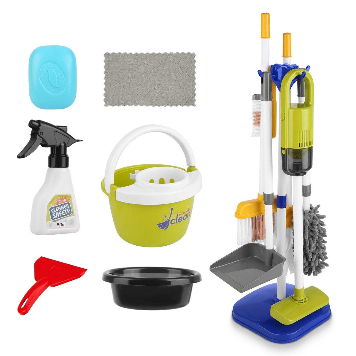 14Pcs Kids Cleaning Toy Set Toddler Housekeeping Pretend Play Kit with Vacuum Cleaner Broom Mop Organization Stand for Boys Girls Aged 3 4 5