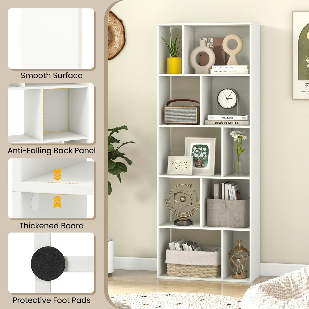 63 Inch 5-Tier Geometric 10-Cube Bookshelf Tall Bookcase-White