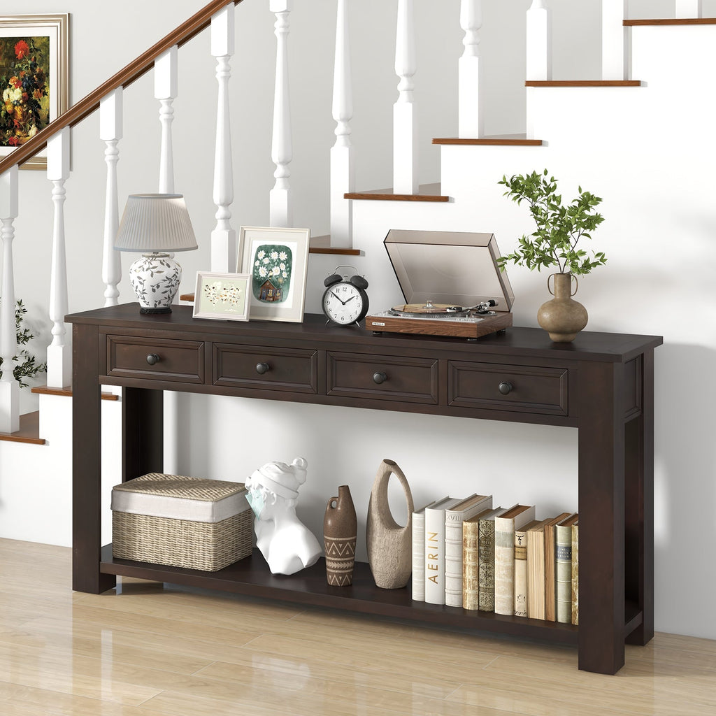 63 Inches Farmhouse Entryway Table with 4 Storage Drawers and Open Shelf-Espresso
