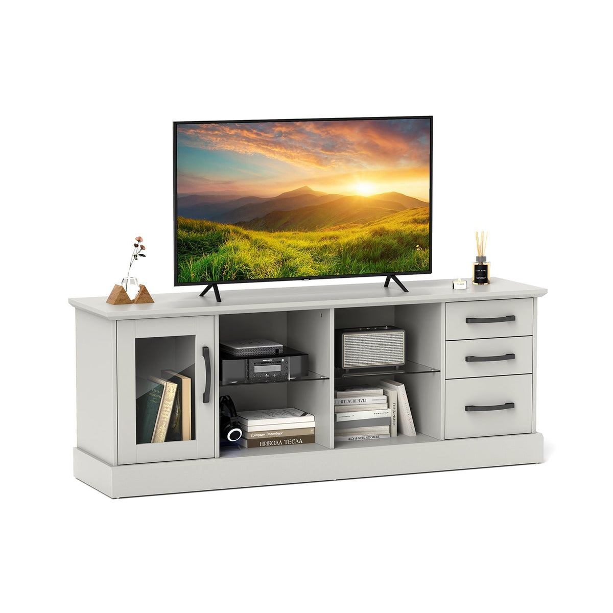 63 Inches Media Console Table with 3 Drawers and 2 Glass Shelves